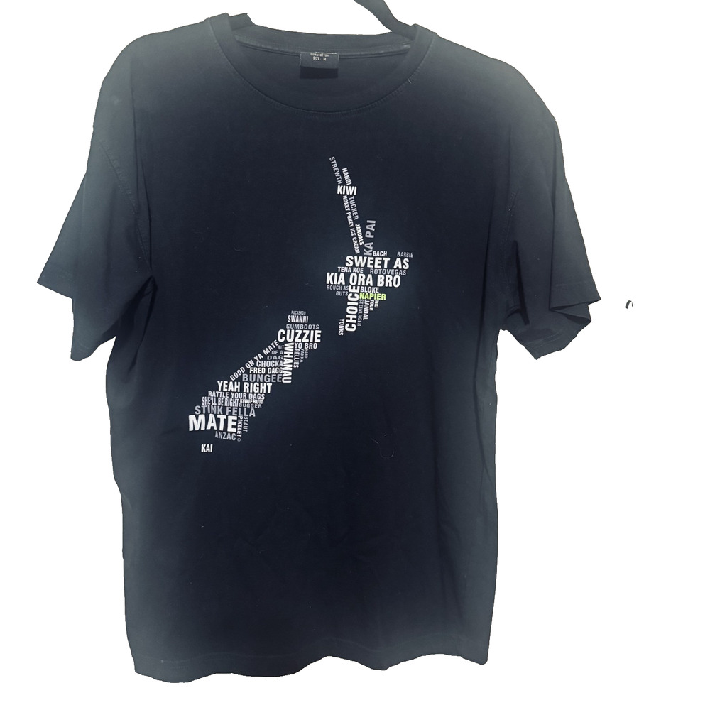 New Zealand tshirt black M slang map Kia Ora Bro Kiwi souvenir shirt 100% cotton